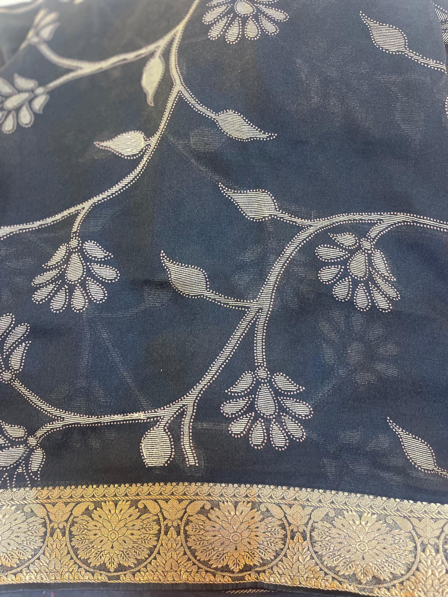 Mosh Taspa navy blue Saree with Red floral blouse