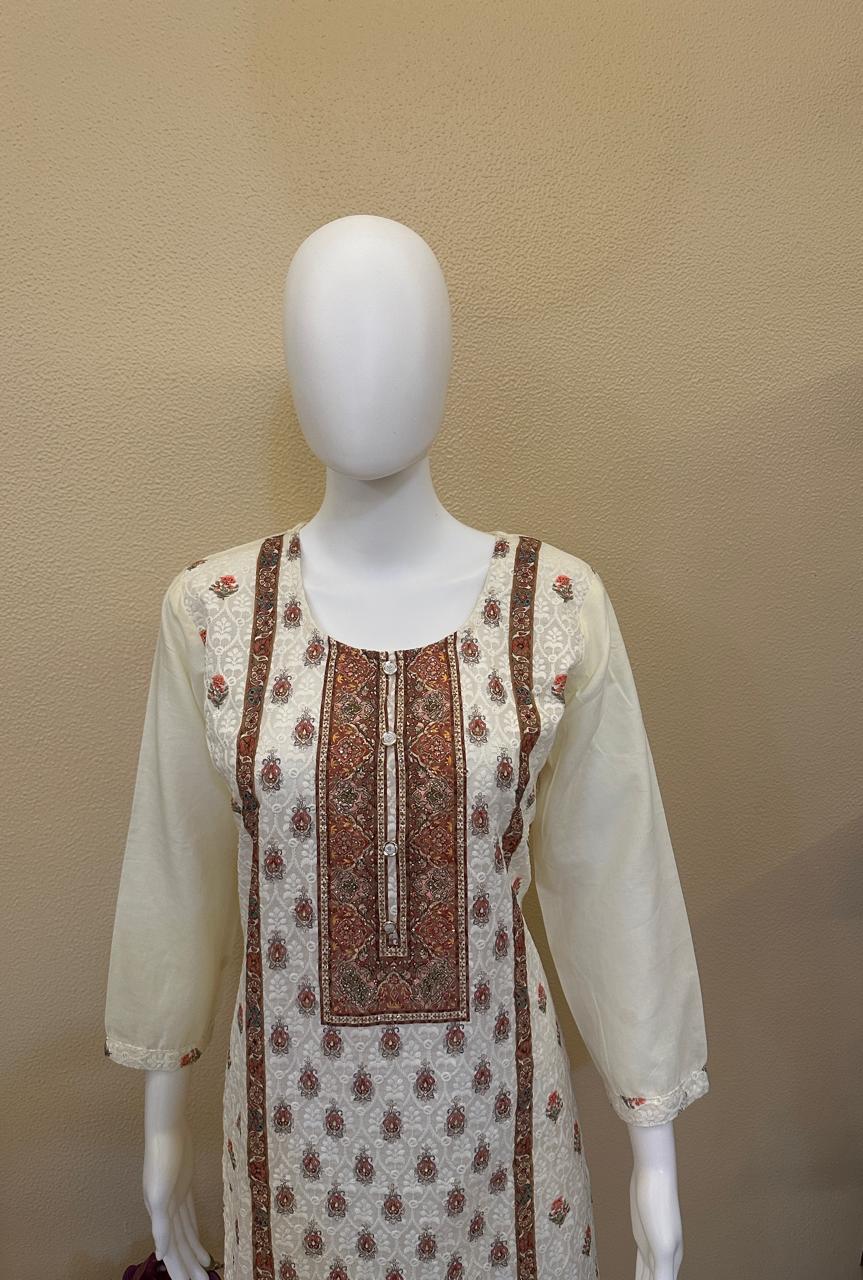 Cream printed Cotton Lucknowi Chikankari suits with work
