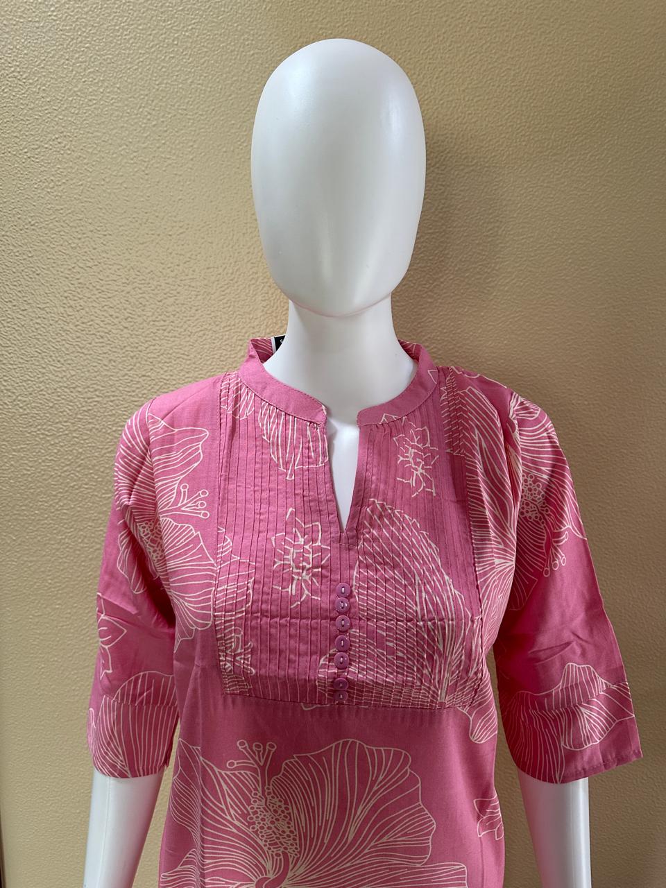 Short Printed Cotton Rayon Pink Kurti