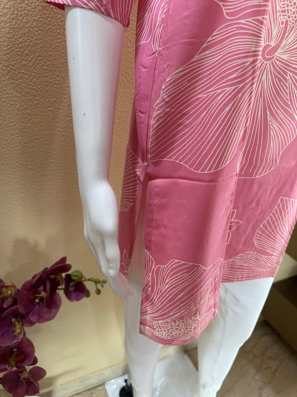 Short Printed Cotton Rayon Pink Kurti