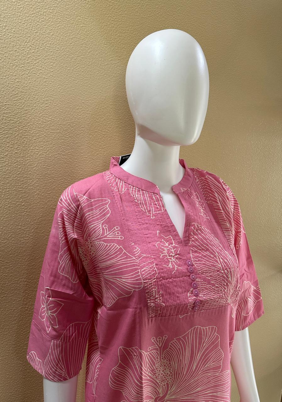 Short Printed Cotton Rayon Pink Kurti