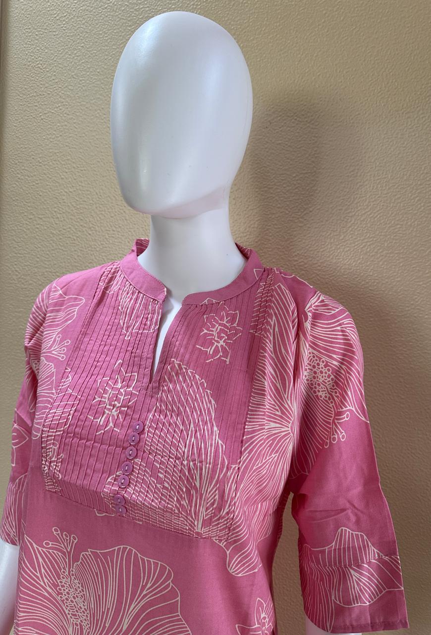 Short Printed Cotton Rayon Pink Kurti