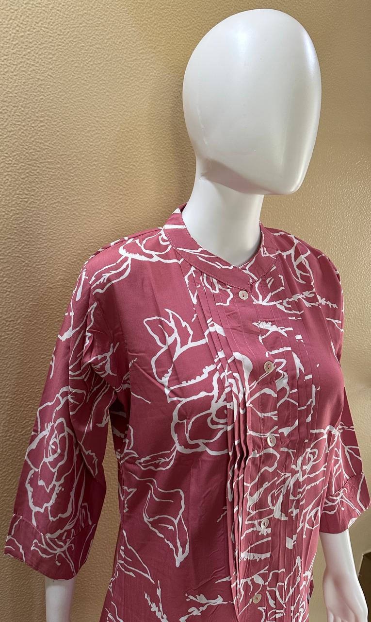 Short Cotton Rayon Printed Pink Kurti