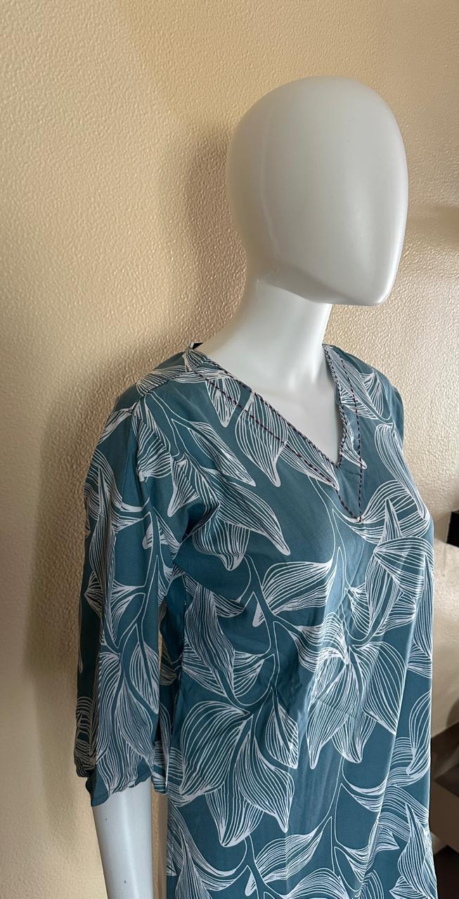 Short Cotton Rayon Blue Printed Kurti