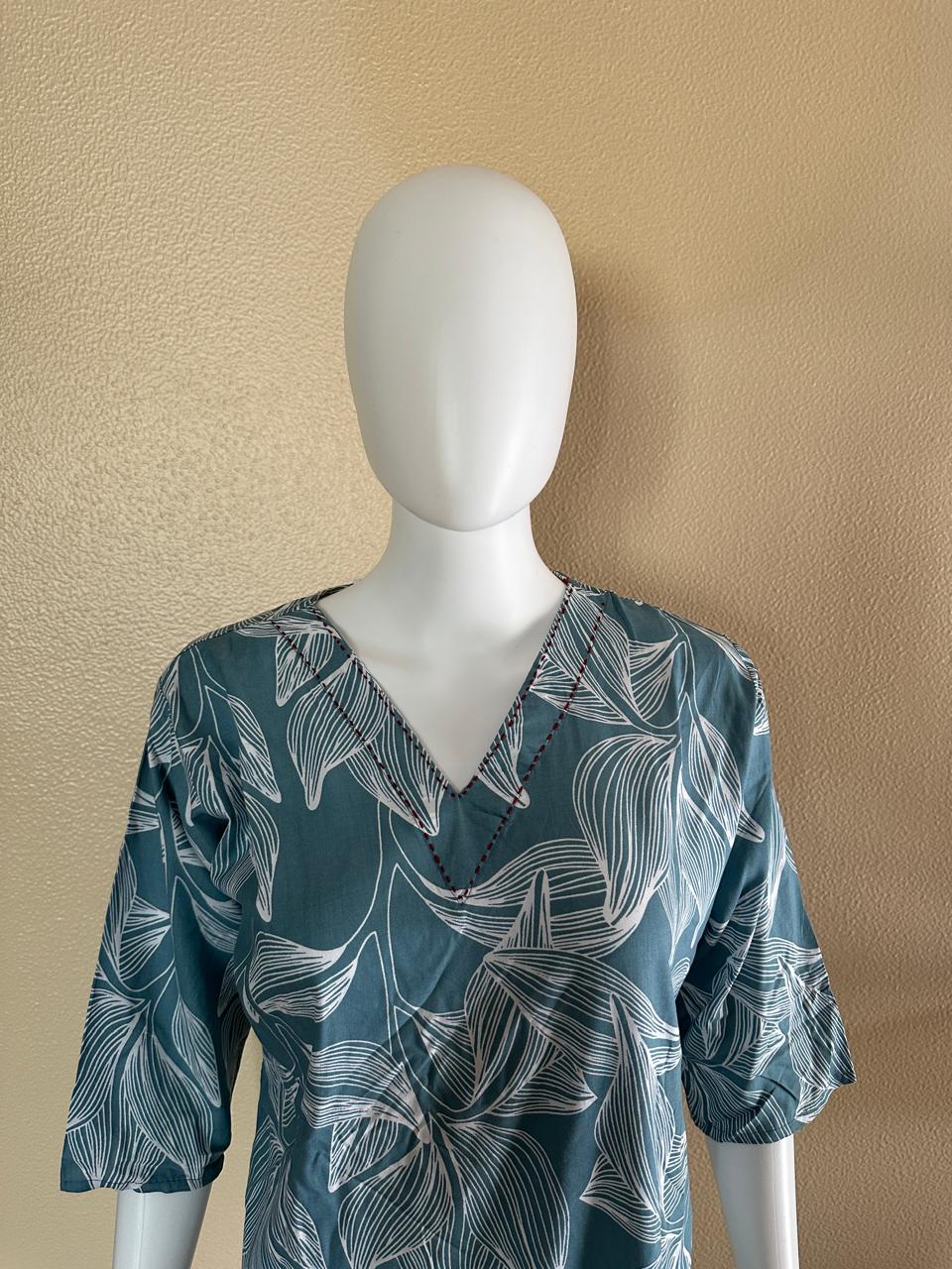 Short Cotton Rayon Blue Printed Kurti