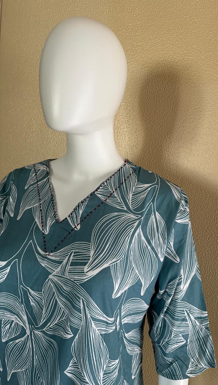 Short Cotton Rayon Blue Printed Kurti