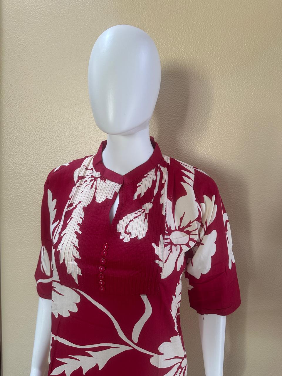 Short Cotton Rayon Red printed Kurti