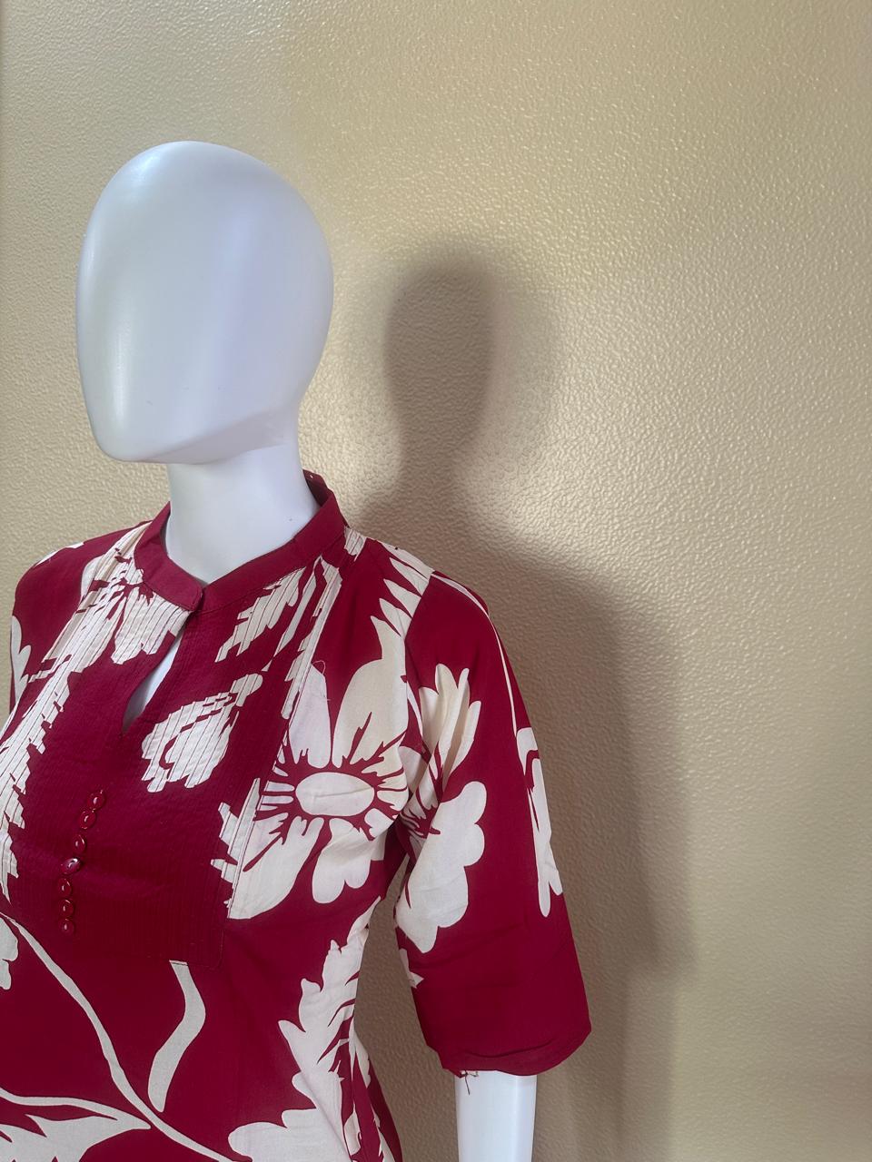 Short Cotton Rayon Red printed Kurti