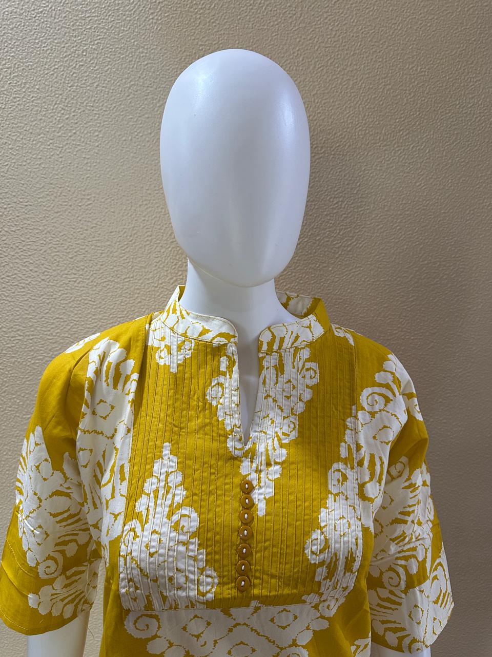 Short Cotton Printed Pleated yellow Kurti