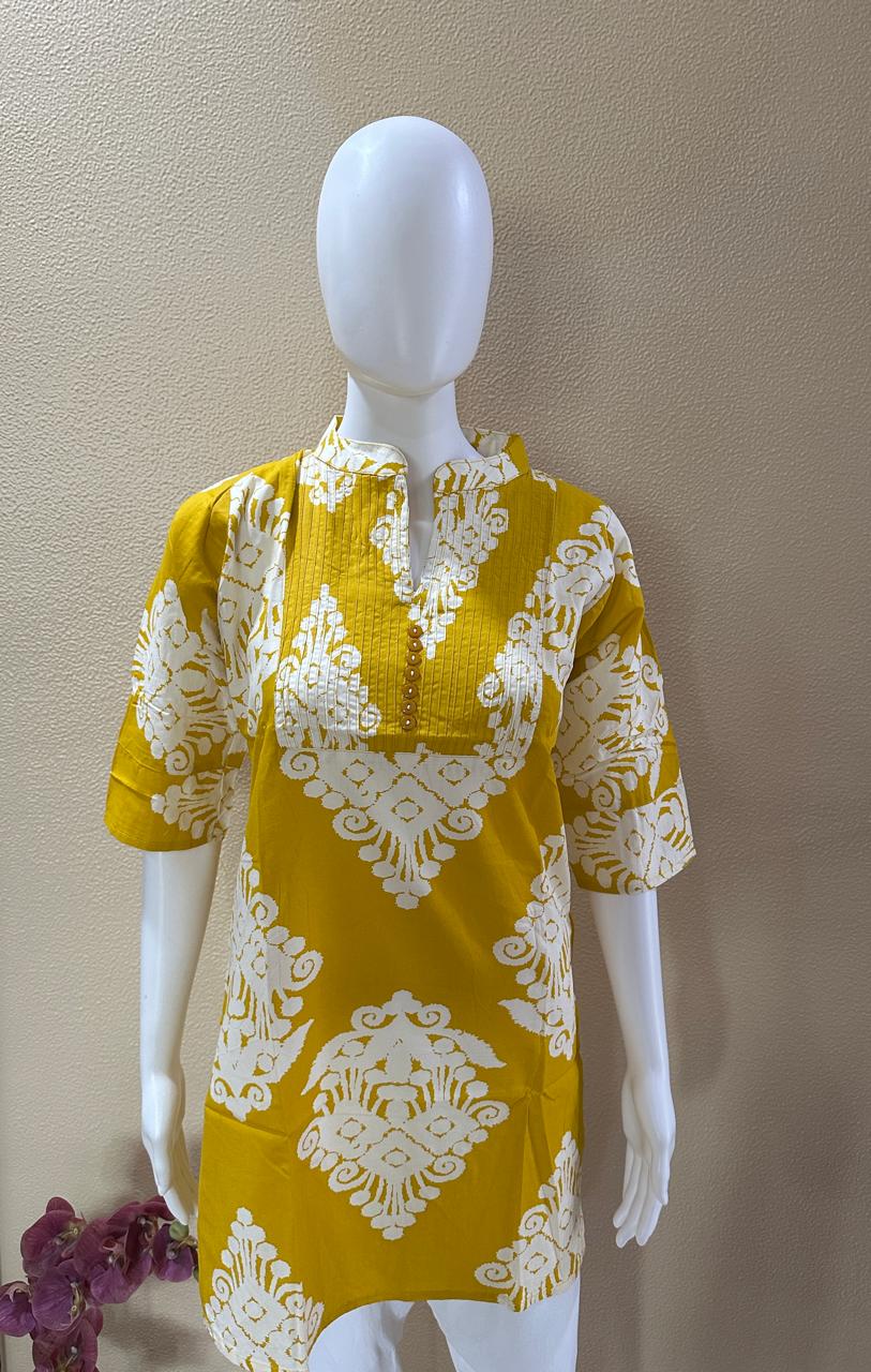 Short Cotton Printed Pleated yellow Kurti