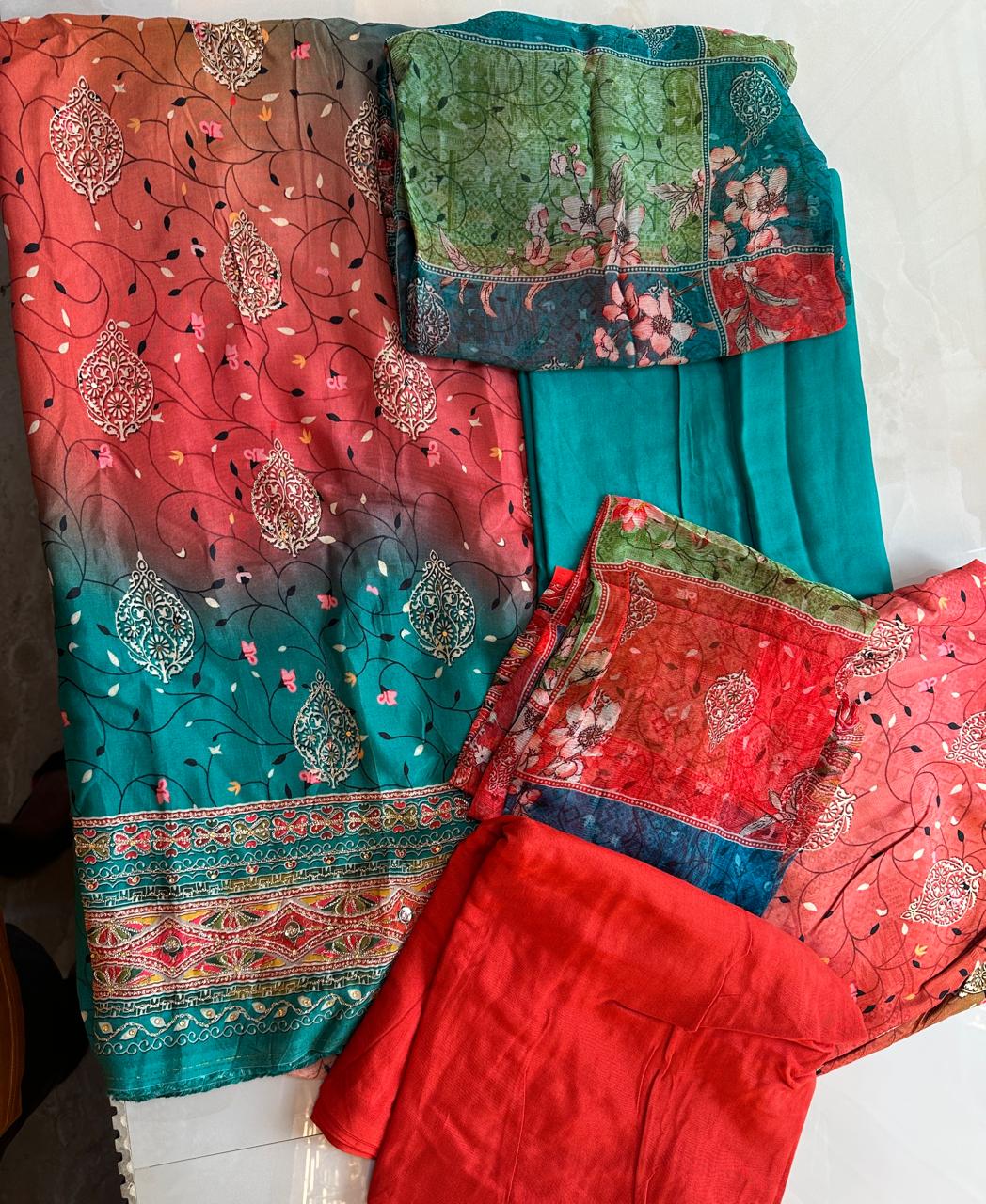 Pure Maslin Suit with work with printed dupatta
