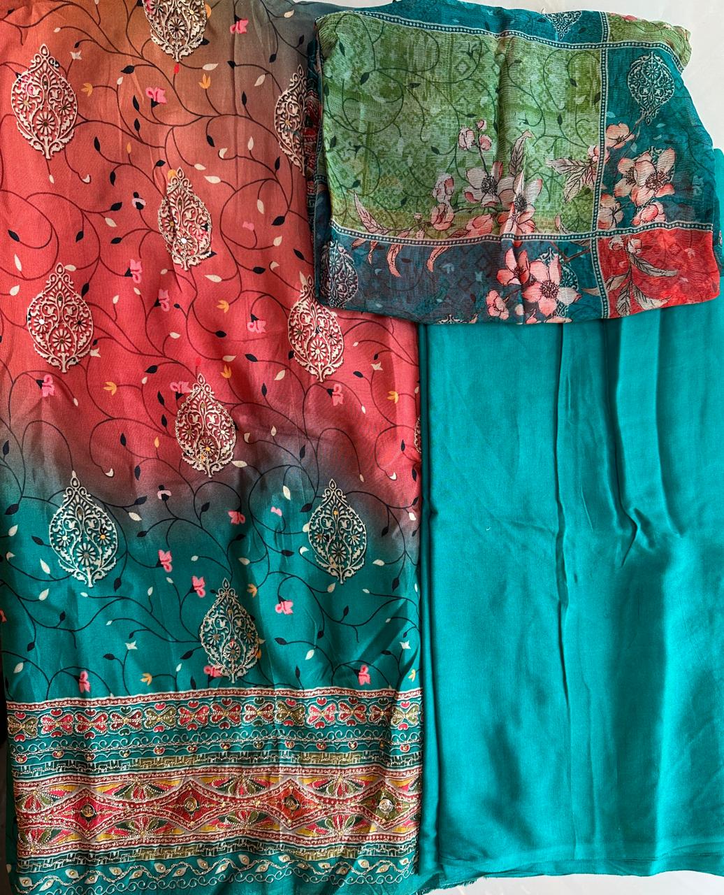 Pure Maslin Suit with work with printed dupatta