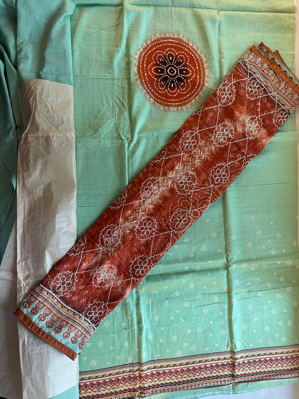 SRIVALLI Collection - Rich cotton dress material with thread embroidered dupatta