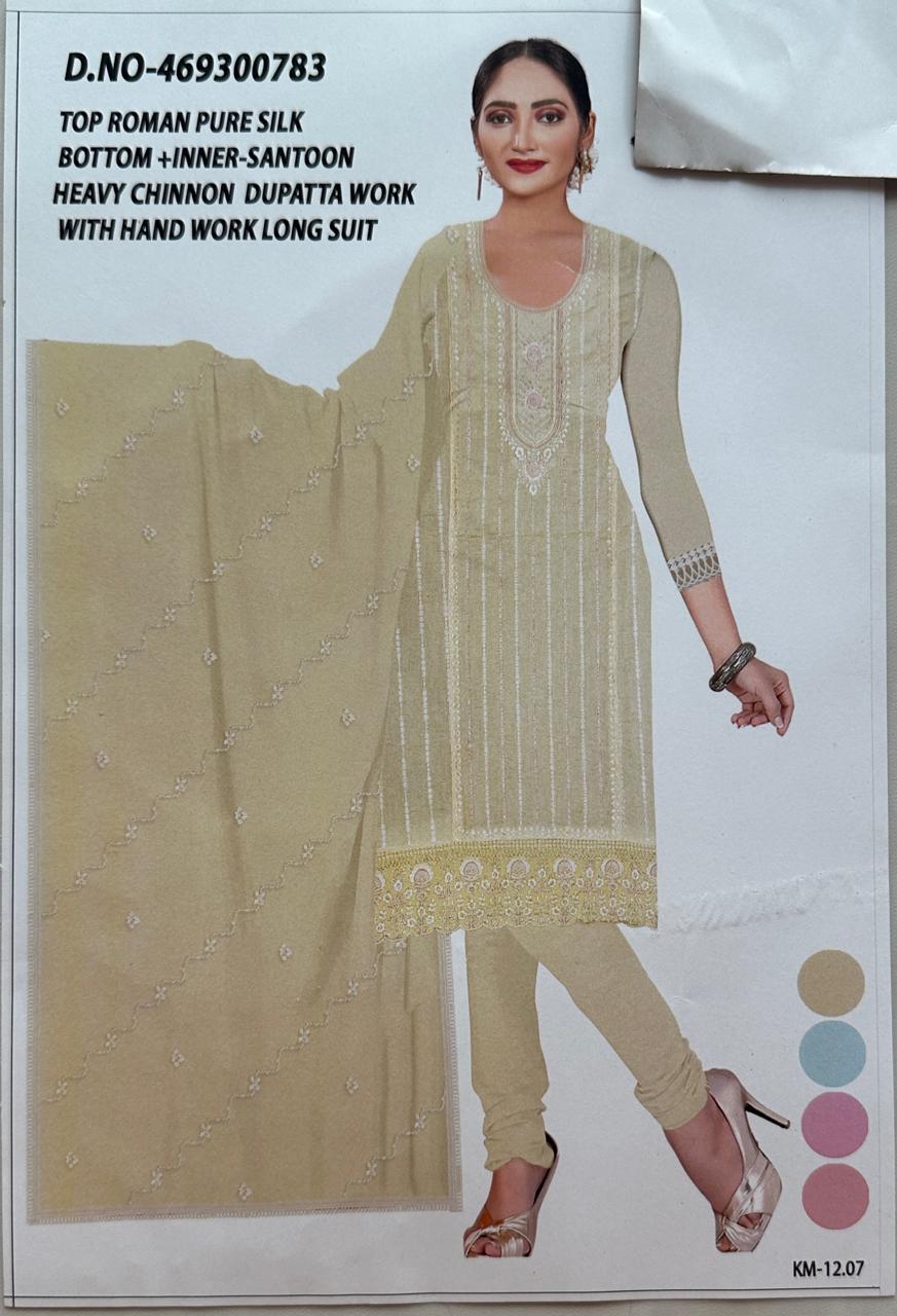 Pure Roman silk hand embroidered Semi-stitched dress material with heavy Chinon dupatta (3 colors)