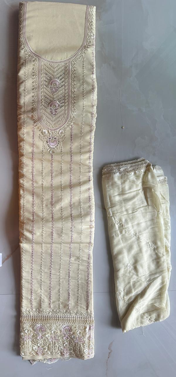 Pure Roman silk hand embroidered Semi-stitched dress material with heavy Chinon dupatta (3 colors)