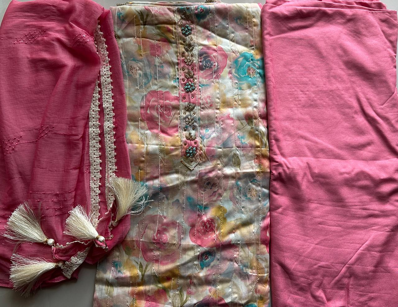 Soft Cotton dress material with dupatta - Pink and Blue