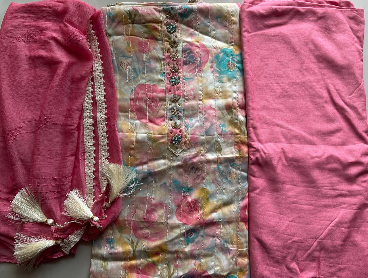 Soft Cotton dress material with dupatta - Pink and Blue