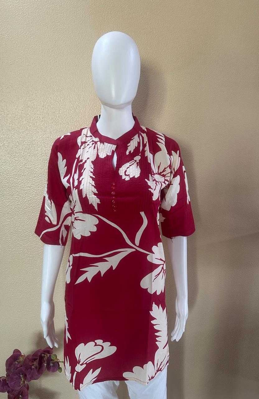 Short Cotton Rayon Red printed Kurti