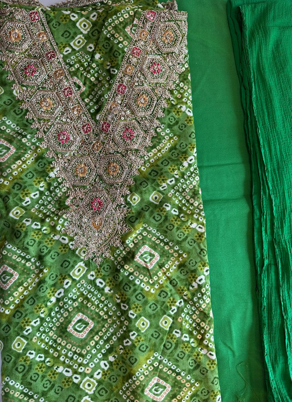 Bandhini Festive cotton Suit Dress material with dupatta (3 Colors)