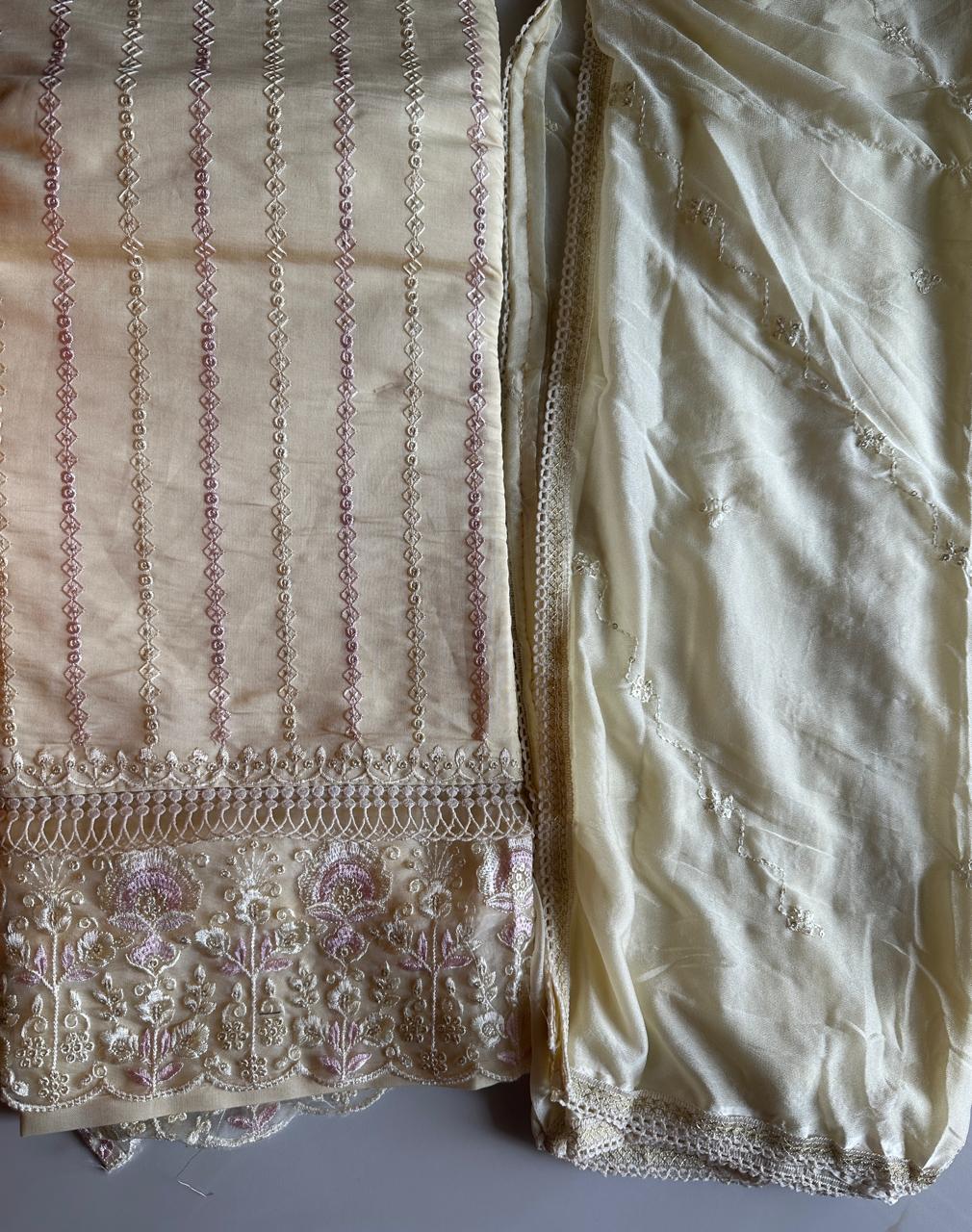 Pure Roman silk hand embroidered Semi-stitched dress material with heavy Chinon dupatta (3 colors)