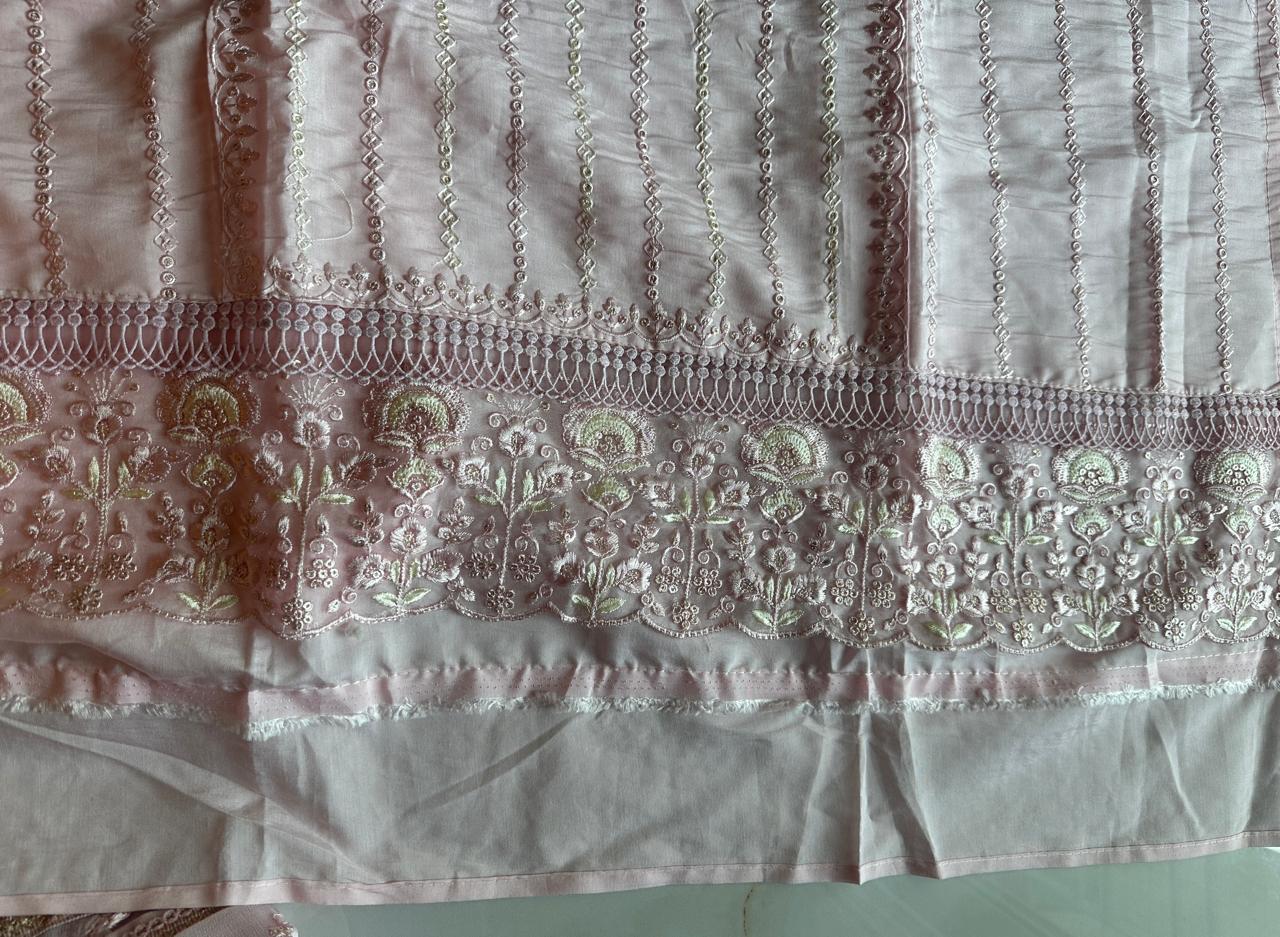 Pure Roman silk hand embroidered Semi-stitched dress material with heavy Chinon dupatta (3 colors)
