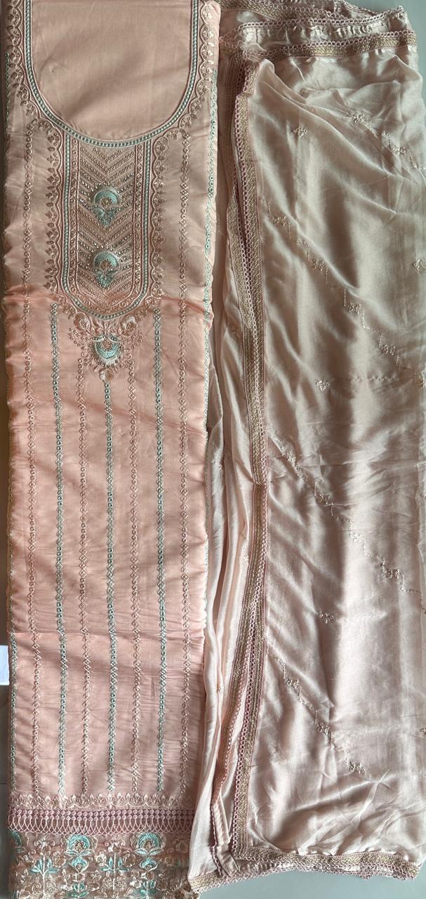 Pure Roman silk hand embroidered Semi-stitched dress material with heavy Chinon dupatta (3 colors)