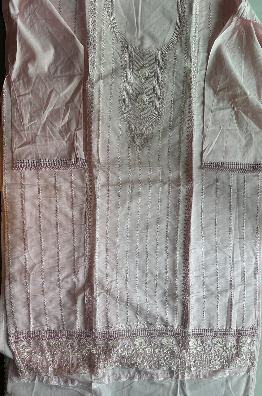 Pure Roman silk hand embroidered Semi-stitched dress material with heavy Chinon dupatta (3 colors)