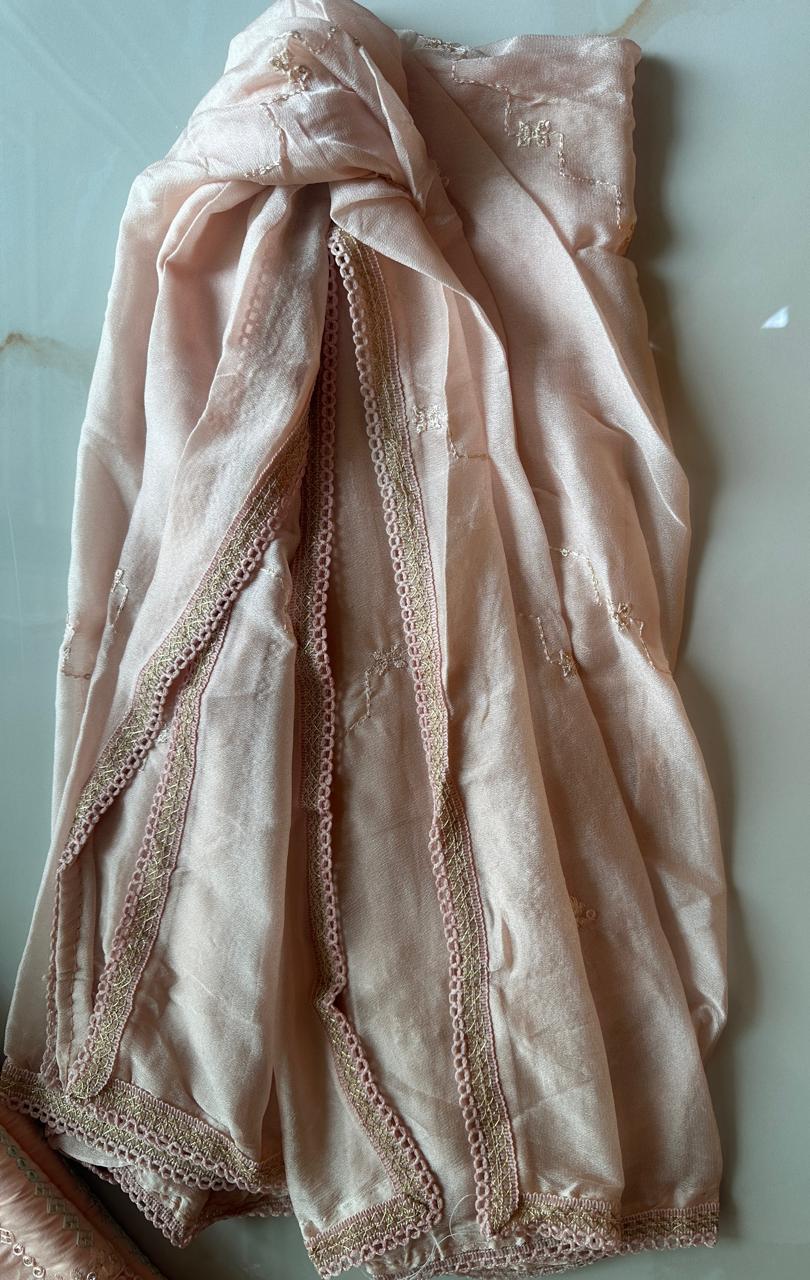Pure Roman silk hand embroidered Semi-stitched dress material with heavy Chinon dupatta (3 colors)