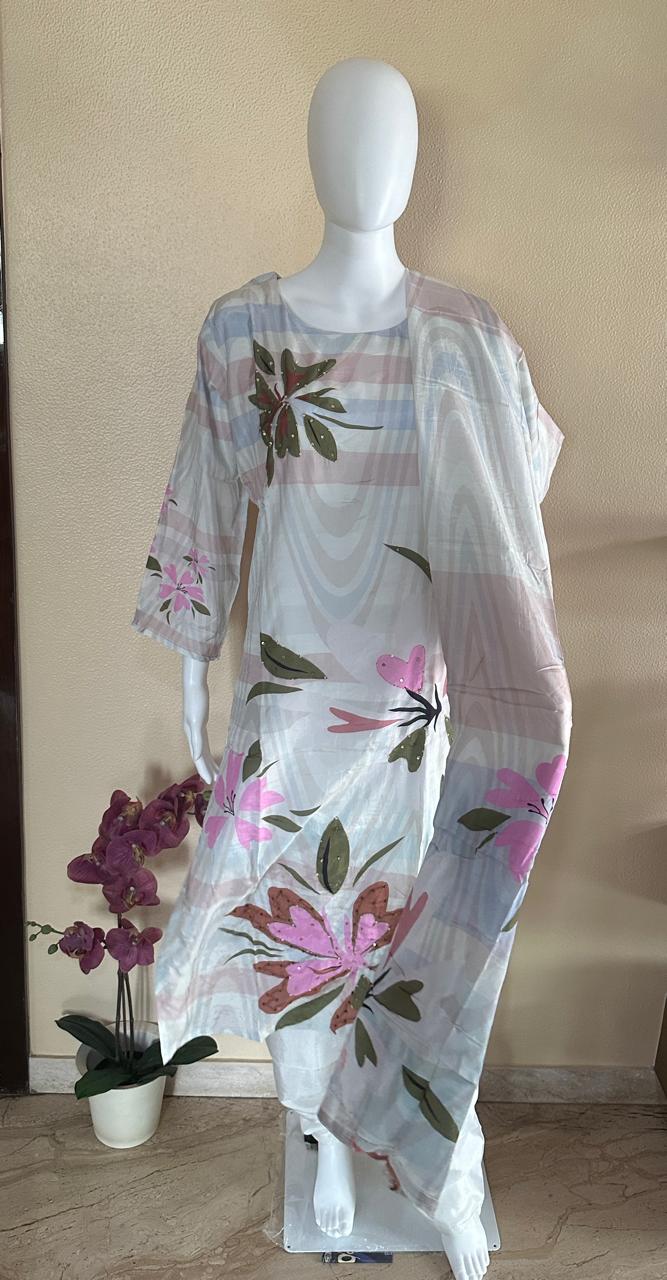 White floral tebby cotton silk