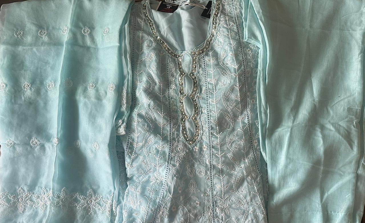 Turquoise blue designer soft georgette all-over embroidered Anarkali suit
