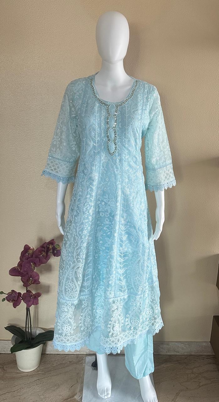 Turquoise blue designer soft georgette all-over embroidered Anarkali suit