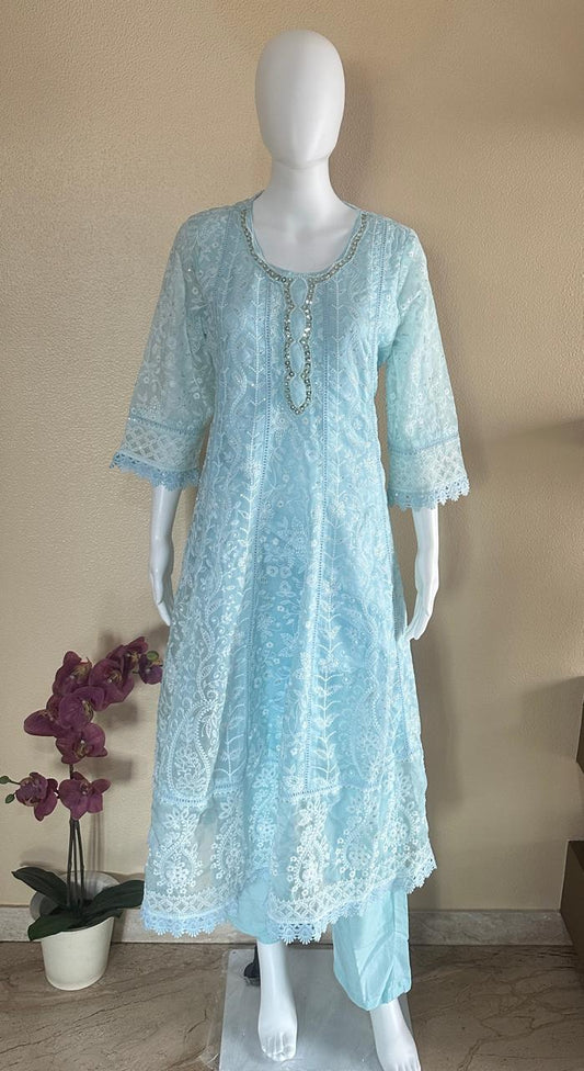 Turquoise blue designer soft georgette all-over embroidered Anarkali suit
