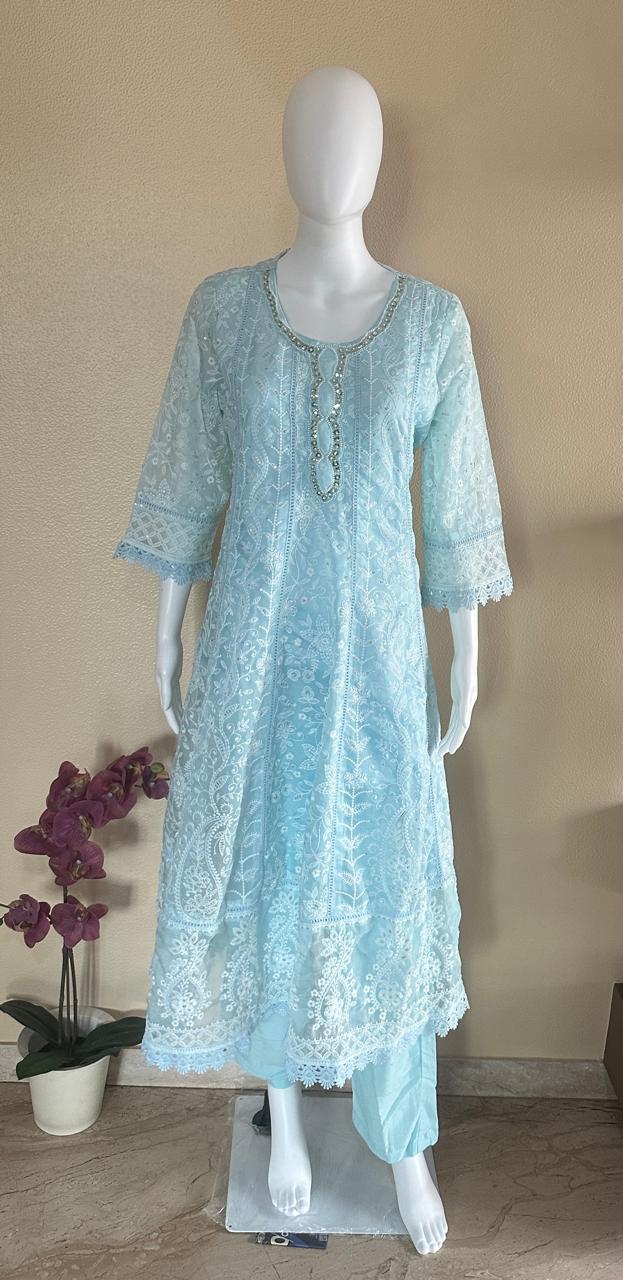 Turquoise blue designer soft georgette all-over embroidered Anarkali suit