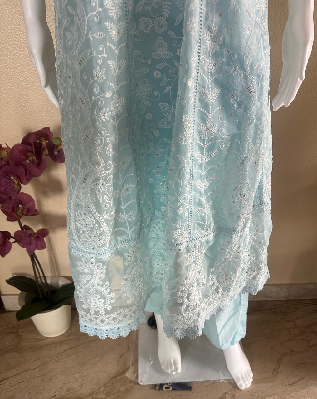 Turquoise blue designer soft georgette all-over embroidered Anarkali suit