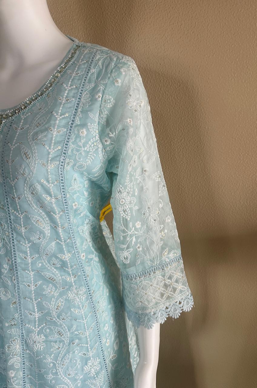 Turquoise blue designer soft georgette all-over embroidered Anarkali suit