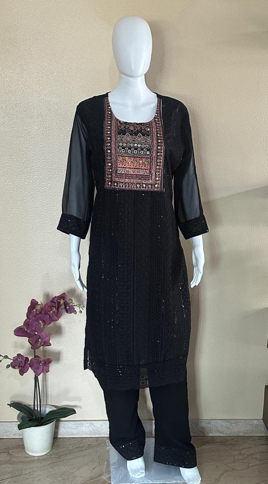 Soft georgette black embroidered 3 piece set with beautiful mirror dupatta