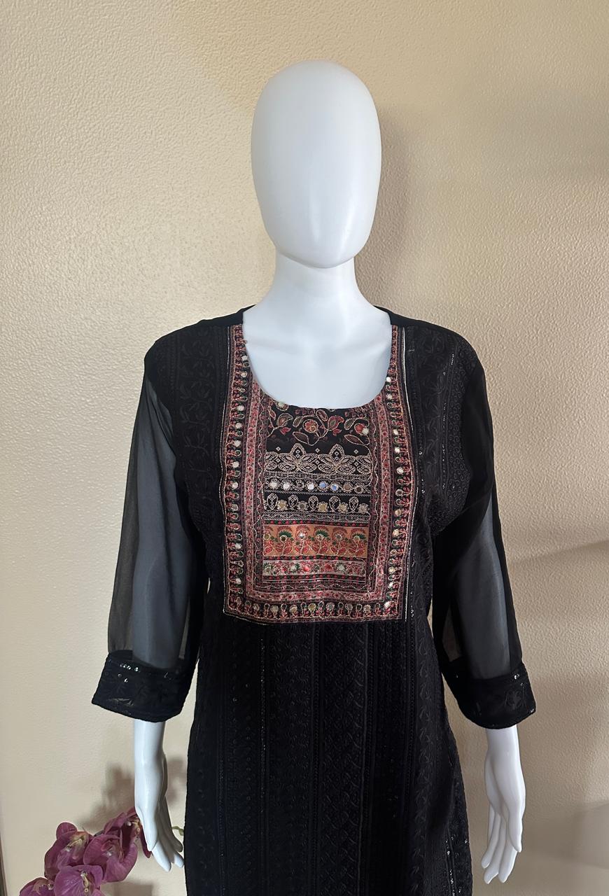 Soft georgette black embroidered 3 piece set with beautiful mirror dupatta