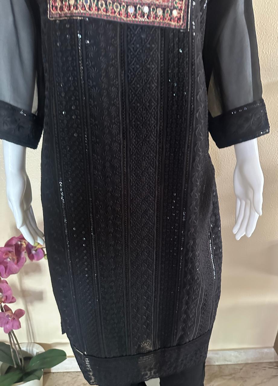 Soft georgette black embroidered 3 piece set with beautiful mirror dupatta