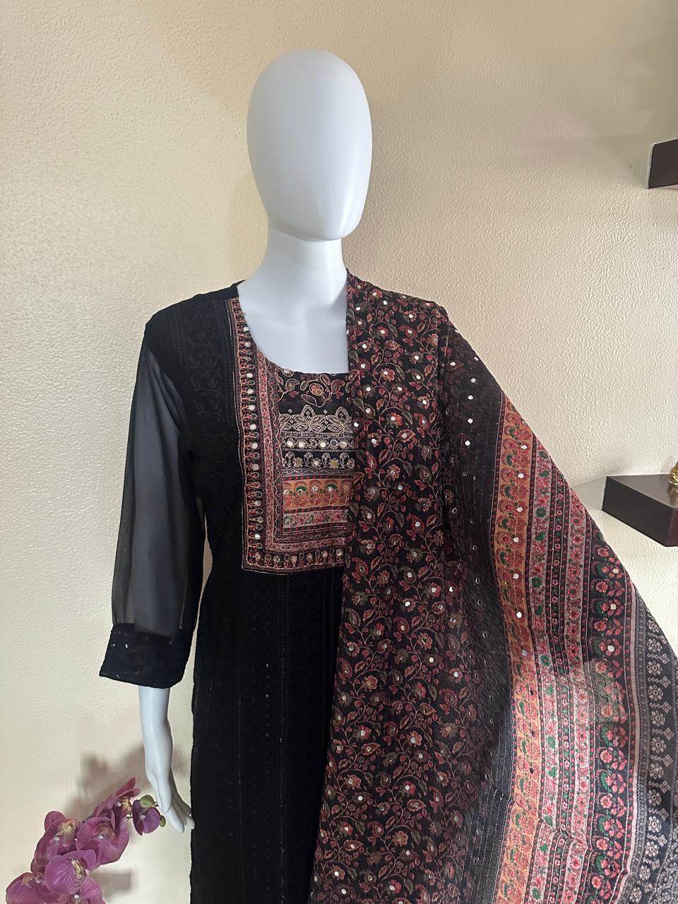 Soft georgette black embroidered 3 piece set with beautiful mirror dupatta