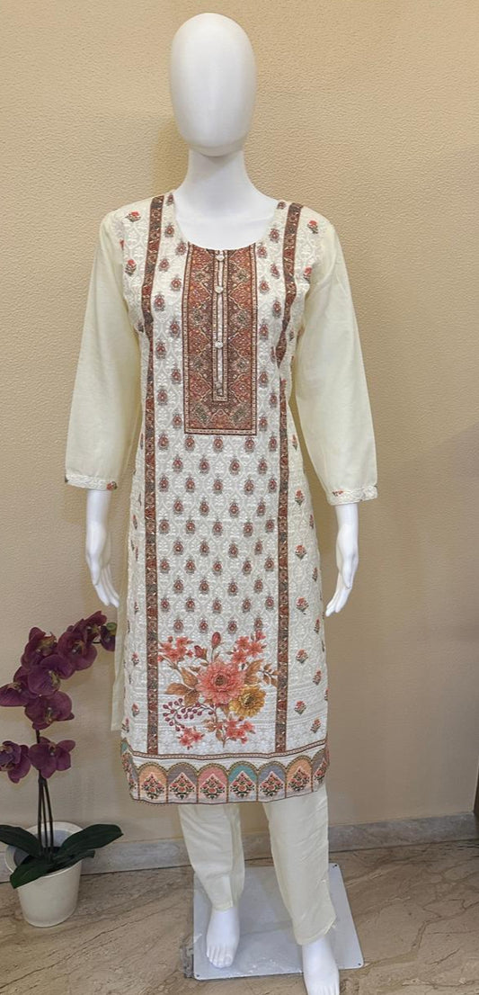 Cream printed Cotton Lucknowi Chikankari suits with work