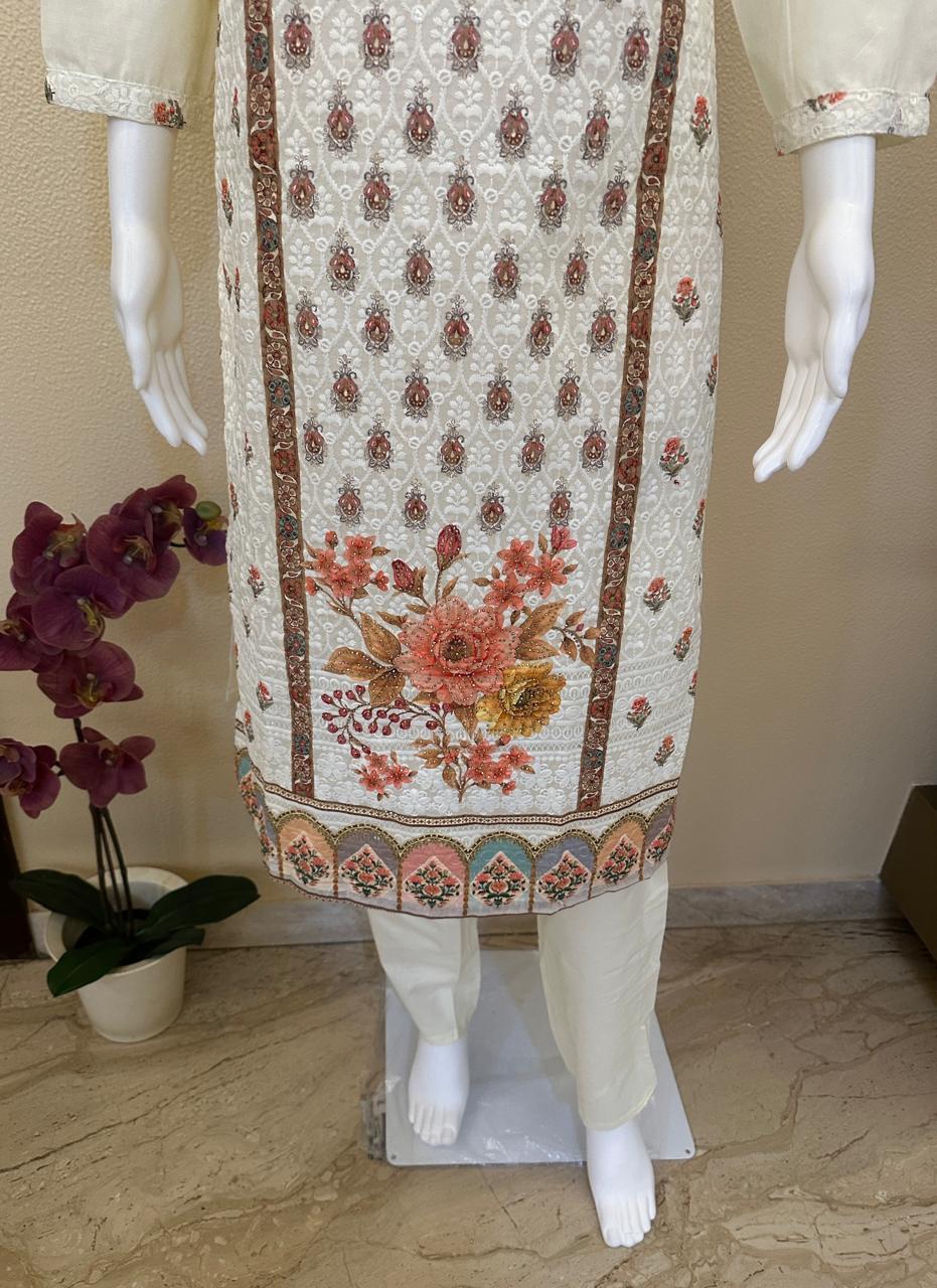 Cream printed Cotton Lucknowi Chikankari suits with work