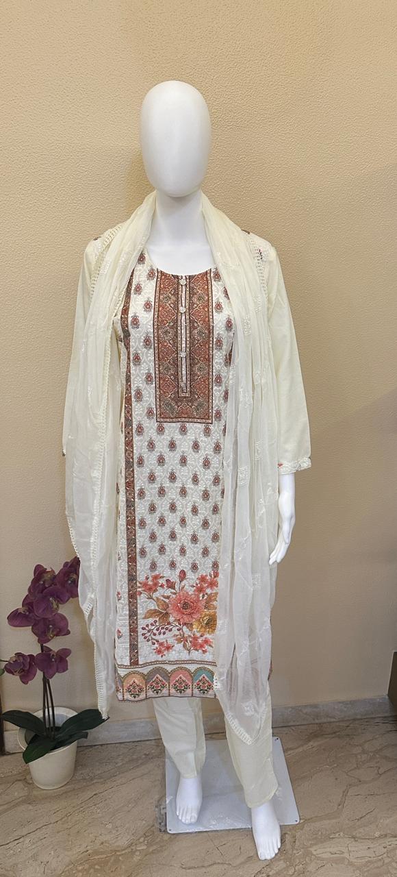Cream printed Cotton Lucknowi Chikankari suits with work