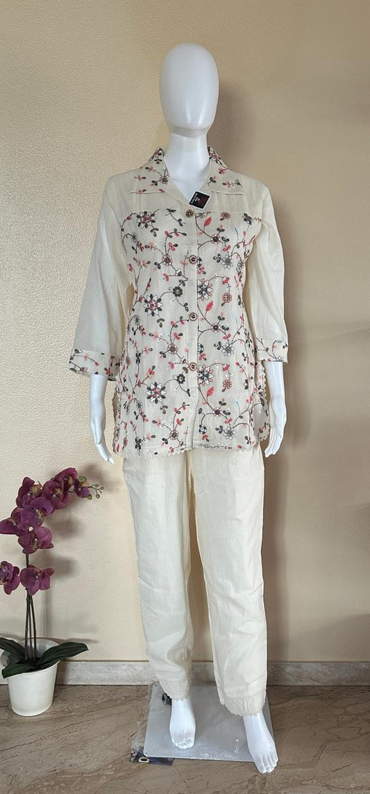 Heavy embroidered Khadi cotton co-ord set with collar