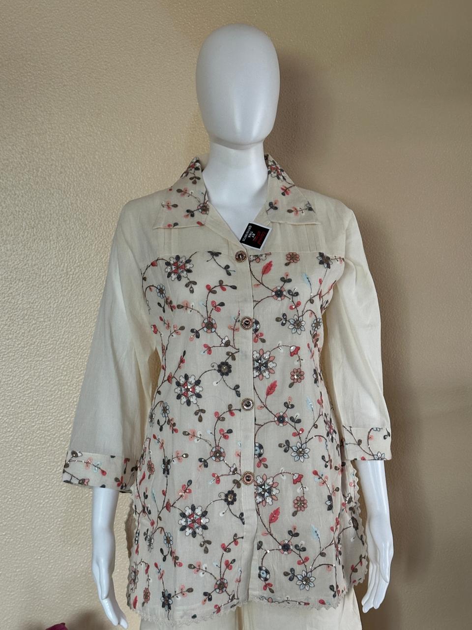 Heavy embroidered Khadi cotton co-ord set with collar