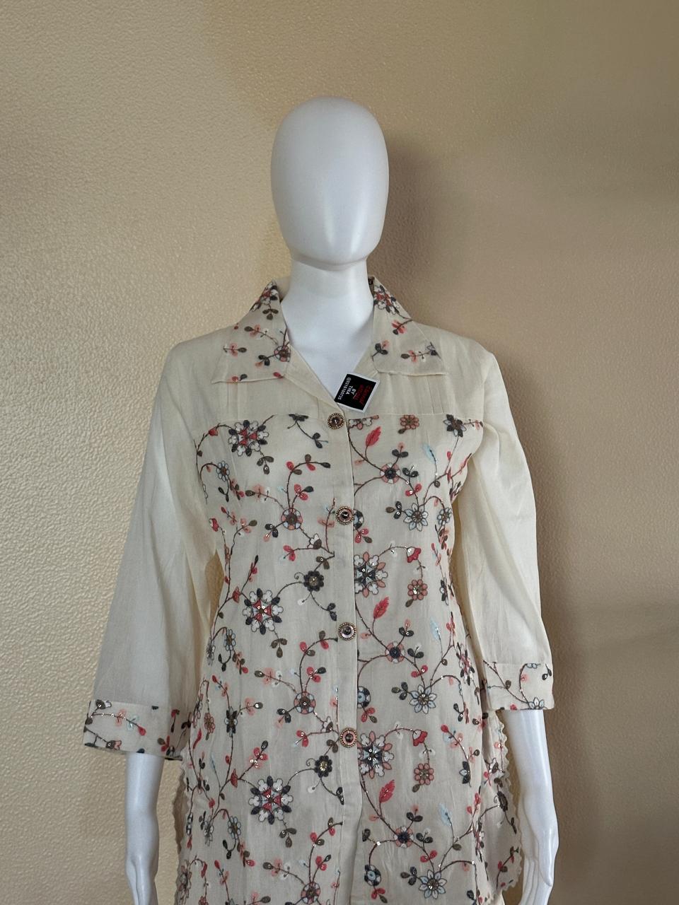 Heavy embroidered Khadi cotton co-ord set with collar