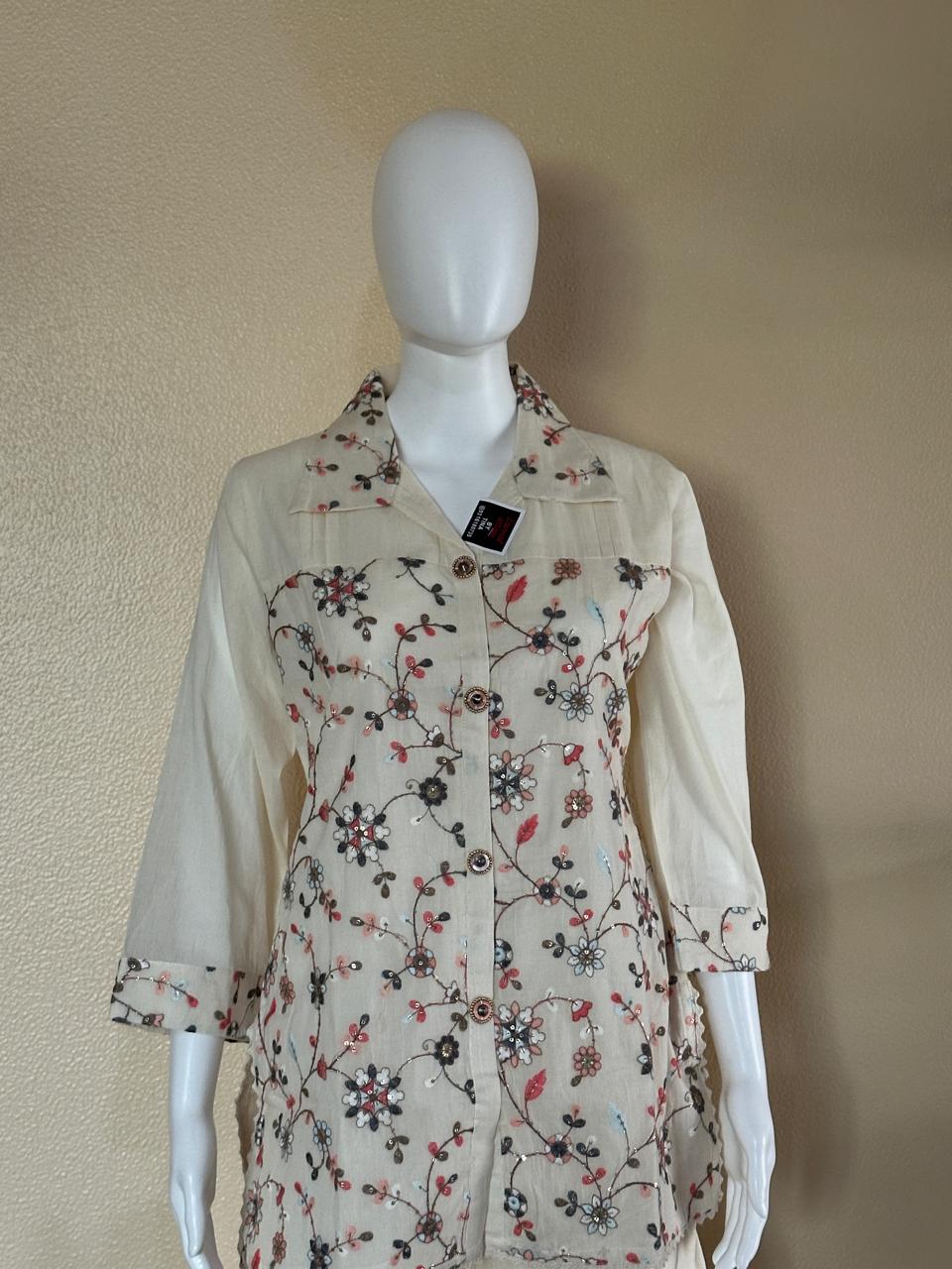 Heavy embroidered Khadi cotton co-ord set with collar