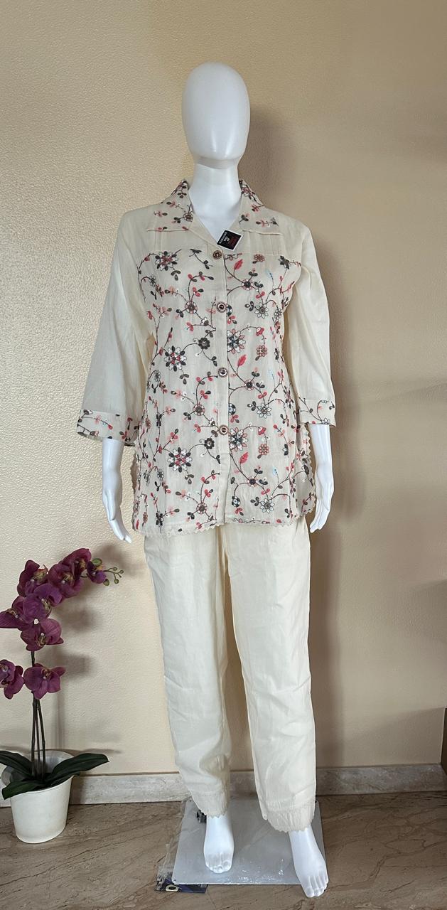 Heavy embroidered Khadi cotton co-ord set with collar