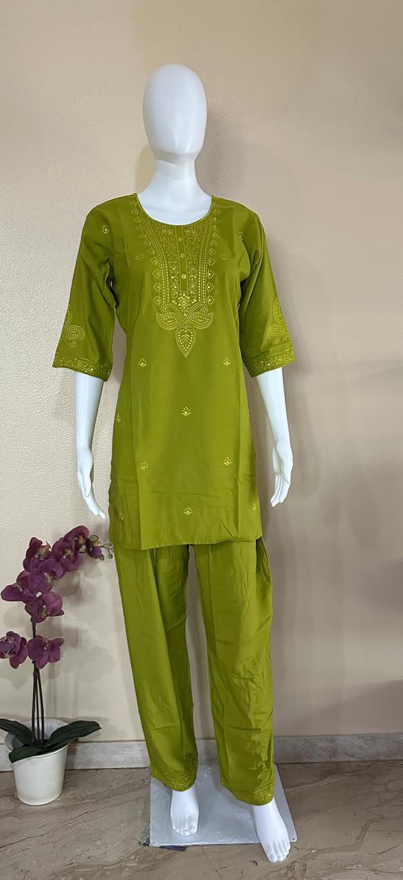 Mehdi Green Rayon Embroidered Co-Ord Set