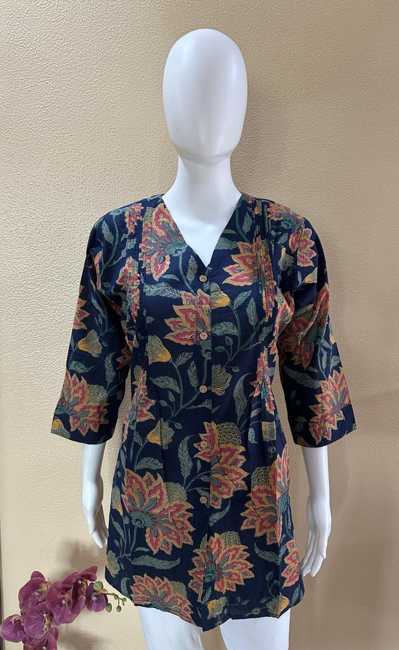 Short Cotton Rayon Printed Blue Kurti