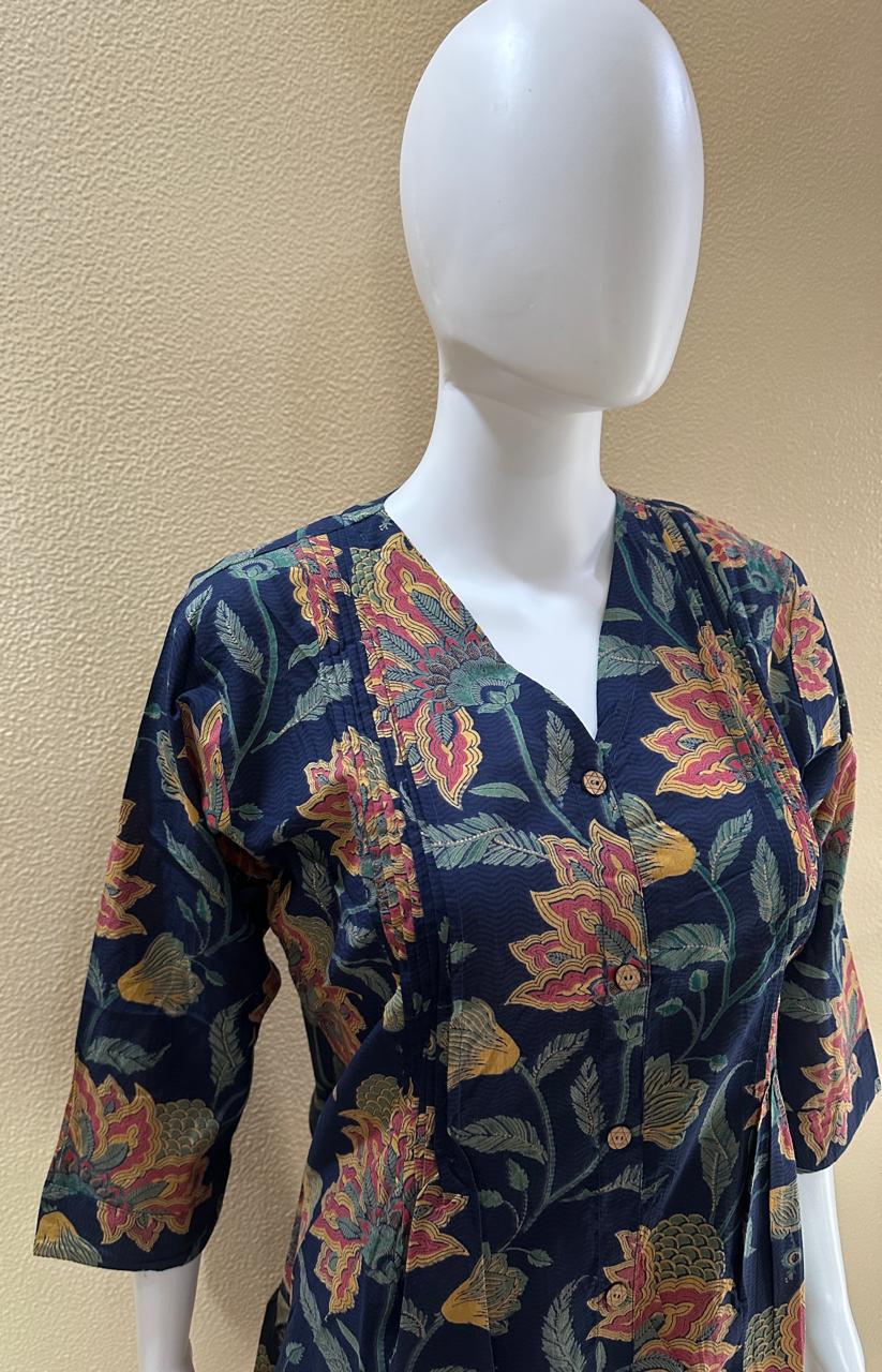 Short Cotton Rayon Printed Blue Kurti